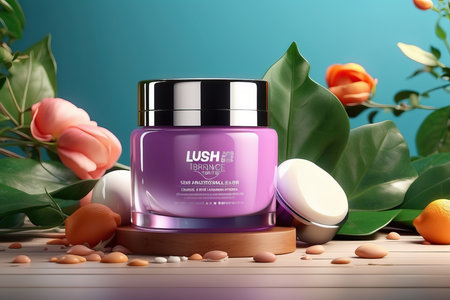 Luxury cosmetic facial cream bottle on table with flowers and leavesの素材