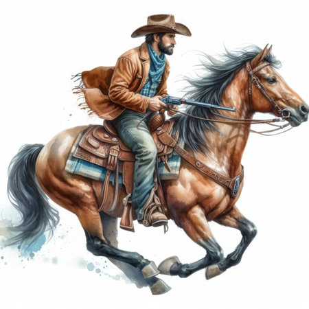 Cowboy riding a horse, digital watercolor painting on white backgroundの素材