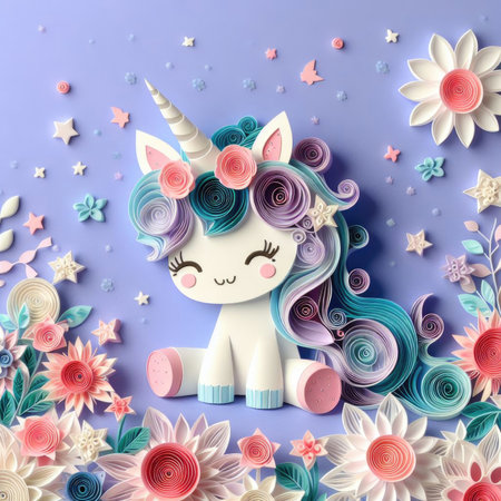 Cute unicorn with flowers and confetti. Paper art style.の素材