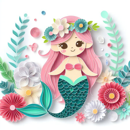 Cute mermaid with flowers. Paper art style. Vector illustration.の素材