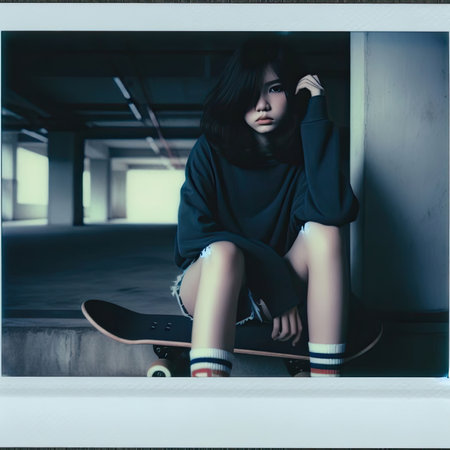 A shot of a beautiful Asian girl sitting on a skateboardの素材