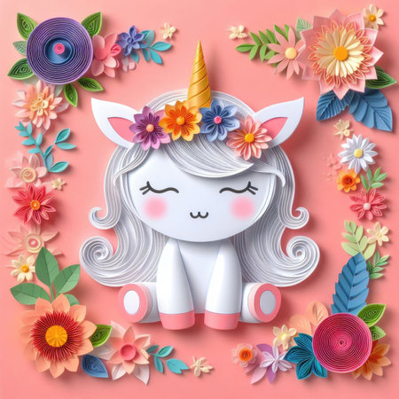 Cute unicorn with flowers. Paper art style.の素材