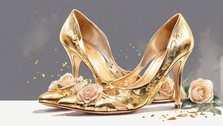 Pair of gold high heel shoes with roses on white background.の素材