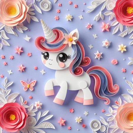 Unicorn with flowers on pastel background. 3d illustrationの素材