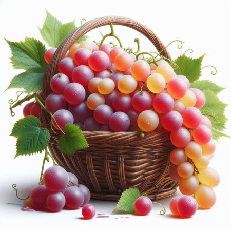 Basket with grapes and leaves on a white background. Isolatedの素材