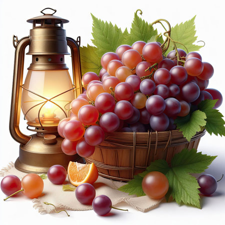 Grapes in a basket and a kerosene lamp on a white backgroundの素材