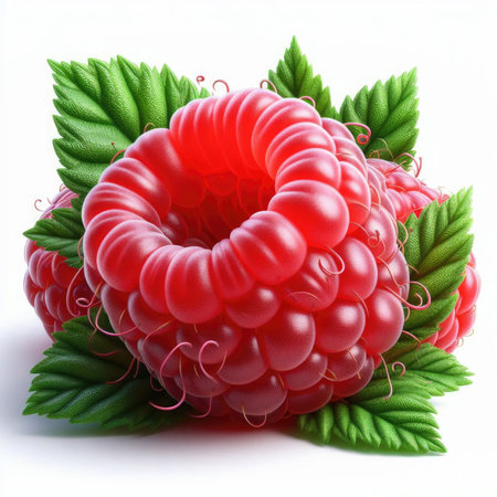 Ripe raspberry with leaves isolated on white background cutout. Healthy food conceptの素材