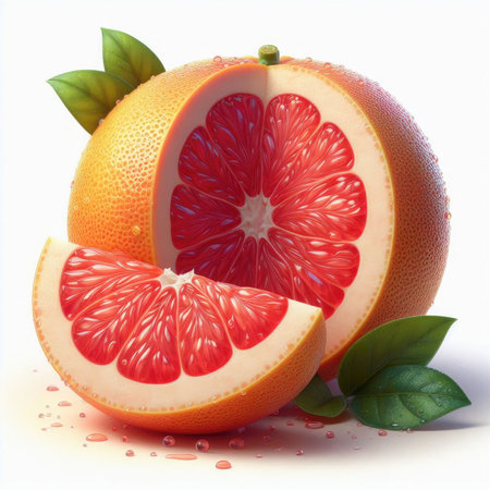 Grapefruit with slices and leaves isolated on white background. 3d illustrationの素材