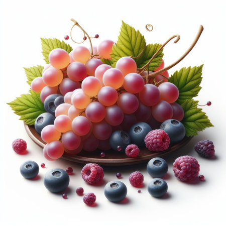 Grapes and berries in a plate on a white background.の素材