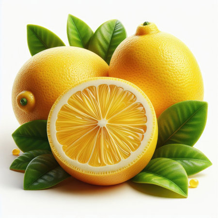 Lemons and lemons with leaves on a white background.の素材
