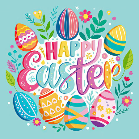 Happy Easter greeting card with hand lettering. Colorful illustration.の素材