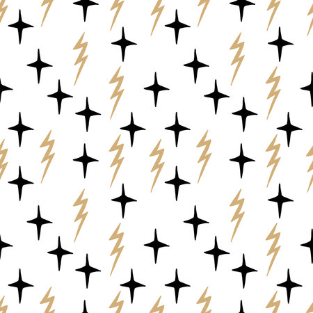 Seamless pattern with stars and lightning. Hand drawn background.のイラスト素材