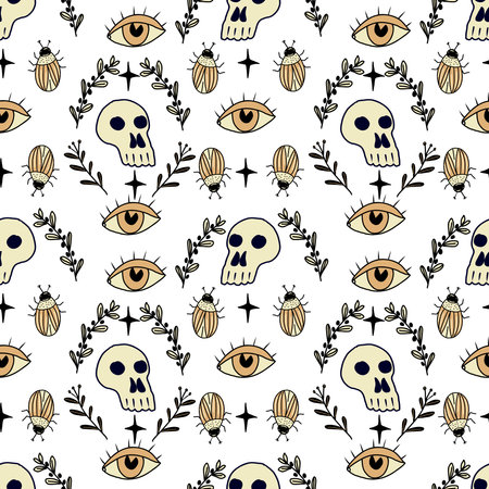 Seamless pattern with skulls and flowers. Halloween vector background.のイラスト素材