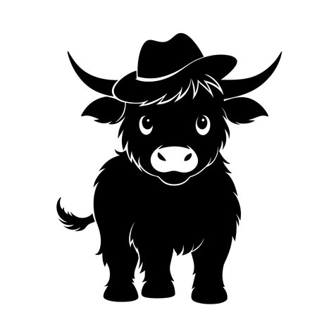 Black and white vector illustration of a buffalo with a cowboy hat.のイラスト素材