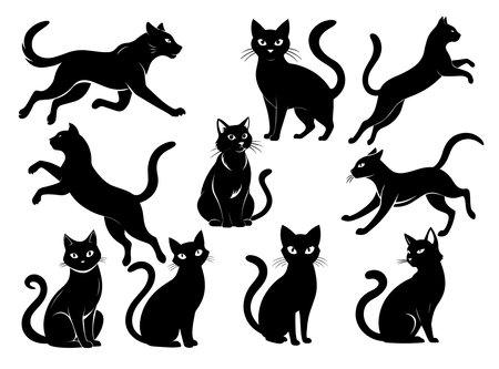 Set of black cat silhouettes isolated on white background. Vector illustration.のイラスト素材
