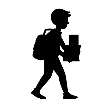 Silhouette of schoolboy with backpack and books on white backgroundのイラスト素材