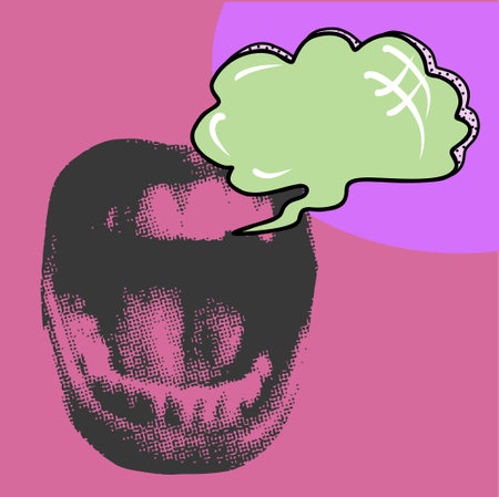 Illustration of a skull with speech bubble in pop art style.のイラスト素材
