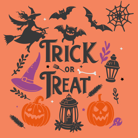 Trick or treat lettering with Halloween elements. Vector illustration.のイラスト素材