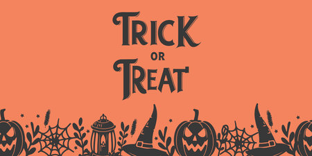 Trick or treat card. Halloween banner with hand drawn elements. Vector illustration.のイラスト素材