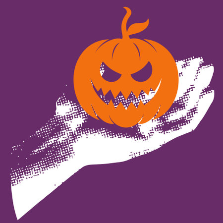 Halloween pumpkin in hand. Vector illustration. Isolated on purple background.のイラスト素材