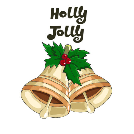 Christmas and New Year golden bells with red bow and holly. Vector illustration.のイラスト素材