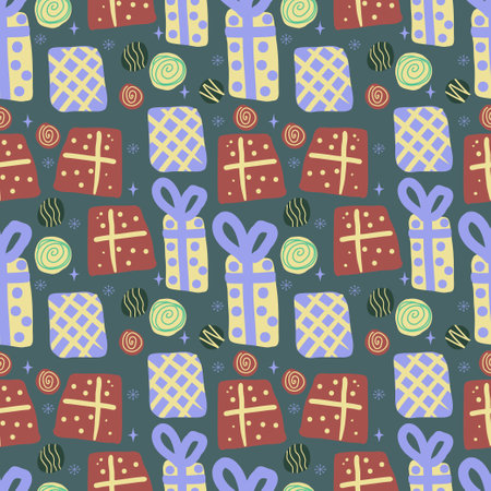 Christmas seamless pattern with colorful gift boxes. Vector festive seasonal background for...