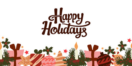 Festive vector illustration with holiday elements including gifts, candles, ornaments and Happy Holidays text. Perfect for greeting cards, seasonal designs, and winter celebrations.のイラスト素材