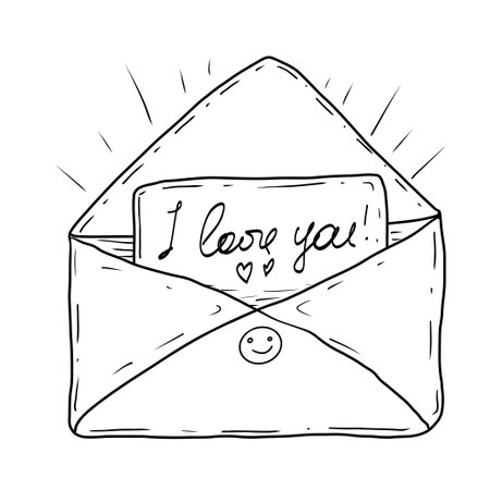 A black and white line drawing of an open envelope containing a note with the handwritten message "I love you" and small hearts. The envelope features a smiley face on the flap.のイラスト素材