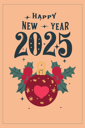 Festive hand-drawn vector card with holiday elements including christmas ball, bells, holly and Happy New Year 2025 text. Perfect for greeting cards, seasonal designs, and winter celebrations.のイラスト素材