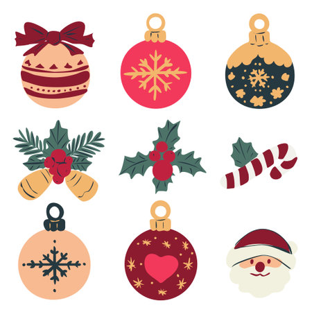 Vector Christmas set of decorative Christmas balls, bells, holly, lollipop and Santa Claus.のイラスト素材