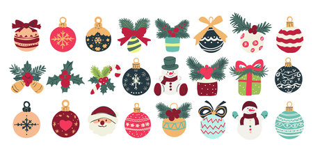 Vector Christmas set of decorative Christmas ornament balls, snowman, holly, gift box.のイラスト素材