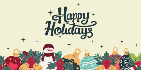 Festive hand-drawn vector illustration with holiday elements including gifts, candles, ornaments, food, and Happy Holidays text. Perfect for greeting cards, seasonal designs, and winter celebrations.のイラスト素材
