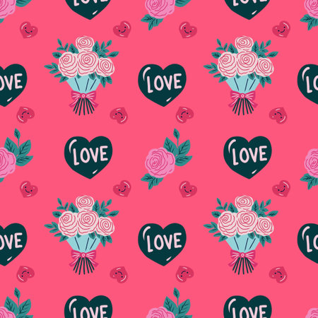 Hand drawn cute Happy Valentine's seamless pattern with hearts and roses.のイラスト素材