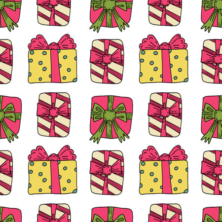Hand drawn doodle seamless pattern with colorful gift boxes.のイラスト素材