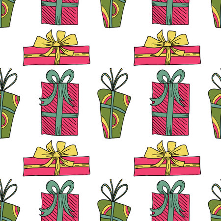 Hand drawn doodle seamless pattern with colorful gift boxes.のイラスト素材