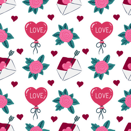 Hand drawn cute Happy Valentine's seamless pattern with hearts and roses.のイラスト素材