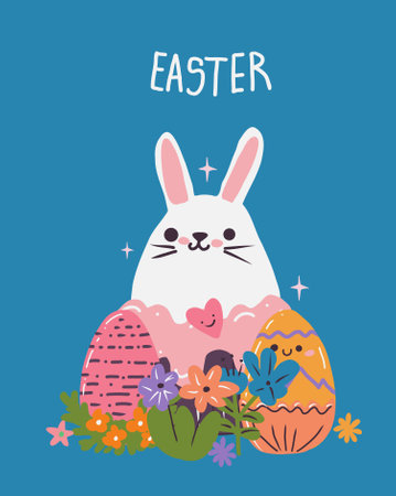 Happy Easter Day greeting card with hand drawn cute vector illustrations.のイラスト素材