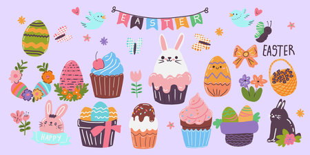 A colorful Easter banner with a variety of cute Easter-themed cupcakes and other decorations. The cupcakes are arranged in different sizes and colors, and there are also some Easter-themed animalsのイラスト素材