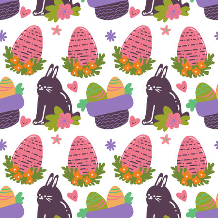 Festive vector Eastern background with a pattern of Easter eggs, flowers, and rabbits.のイラスト素材