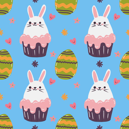 Festive vector Eastern background with a pattern of Easter eggs, flowers, and rabbits.のイラスト素材
