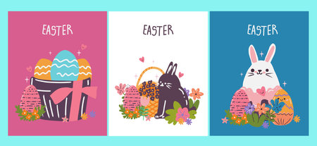 Three Easter cards with rabbits and eggs. The first card has a basket of eggs, the second has a rabbit holding a basket of eggs, and the third has a rabbit holding a basket of eggs and a heartのイラスト素材