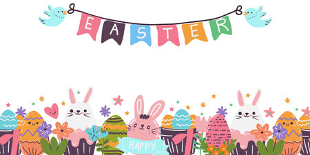 Vector Eastern banner of decorative Eastern eggs, rabbits, spring flowers and text Easter.のイラスト素材