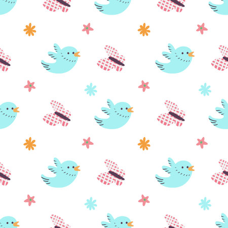 Spring vector pattern of birds and flowers on a white background. The birds are blue and have a checkered hat on their head. The flowers are pink and yellow. Scene is cheerful and playfulのイラスト素材