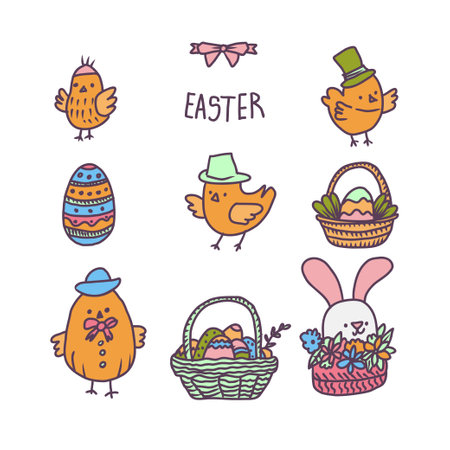 Hand drawn vector set with cute Easter characters, such as rabbit, chickens, eastern eggs, floral basket.のイラスト素材