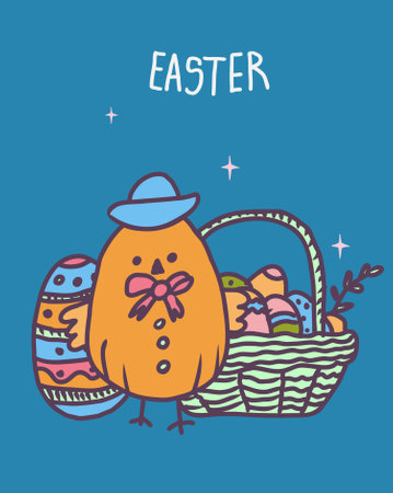 Happy Easter Day greeting card with hand drawn cute vector illustrations.のイラスト素材