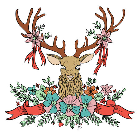 Hand drawn vector illustration of Midsummer Swedish holiday. Deer head with antlers entwined with ribbons and flowers.のイラスト素材