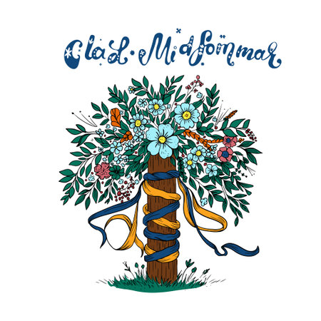 Hand drawn maypole devcorated flowers and ribbons. Midsummer Swedish holiday, vector illustration.のイラスト素材