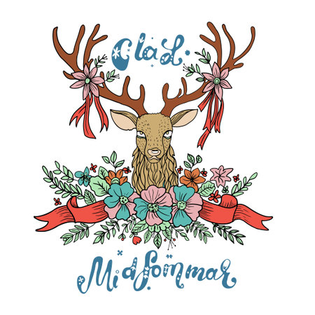 Hand drawn vector illustration of Midsummer Swedish holiday. Deer head with antlers entwined with ribbons and flowers.のイラスト素材