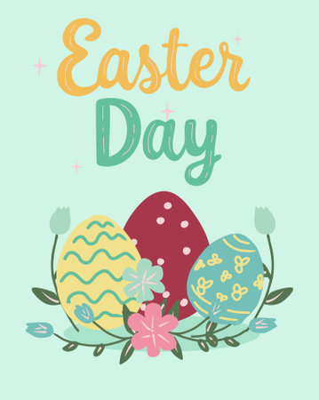 Vector illustration of decorative spring flowers and easter eggs and Happy Easter Day typography lettering for your design, banner, greeting card.のイラスト素材