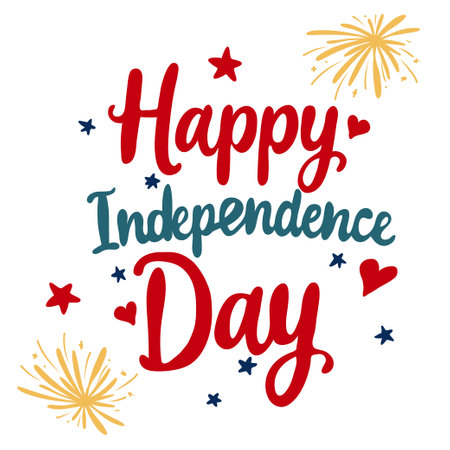 Happy Independence Day Lettering design. Hand drawn vector greeting card with stars and fireworks.のイラスト素材
